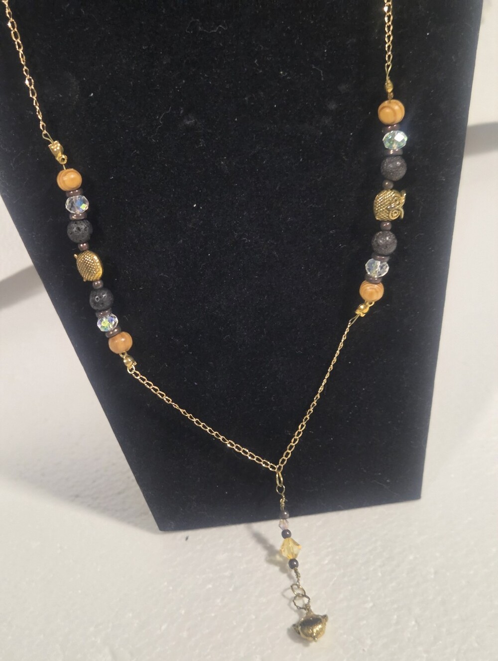 Handcrafted Gold-Tone Beaded Y-Necklace with Wood, Crystal and Lava Beads